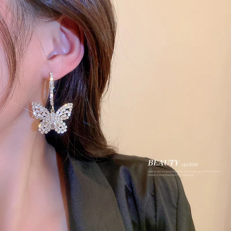 Elegant Sliver Butterfly Dangle Earrings