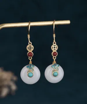 Elegant White Sterling Silver Overgild Inlaid Jade Xiang Yun Drop Earrings