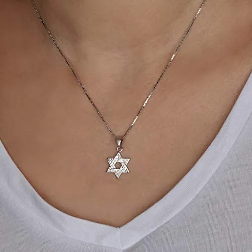 Faith Jewelry Star of David Pendant Jerusalem Silver 925 Rhodium Stones 0.7 Inch