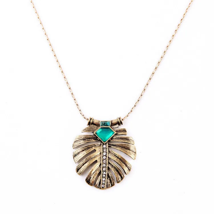 Fashion Elegance OL Style Alloy Leaf Inlay Emerald Long Pendant Necklace