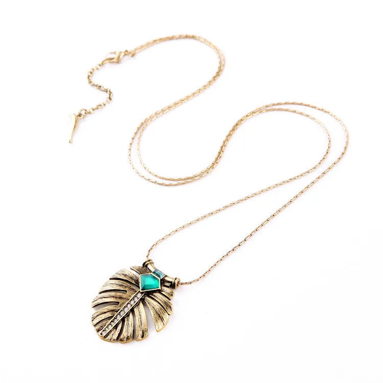 Fashion Elegance OL Style Alloy Leaf Inlay Emerald Long Pendant Necklace