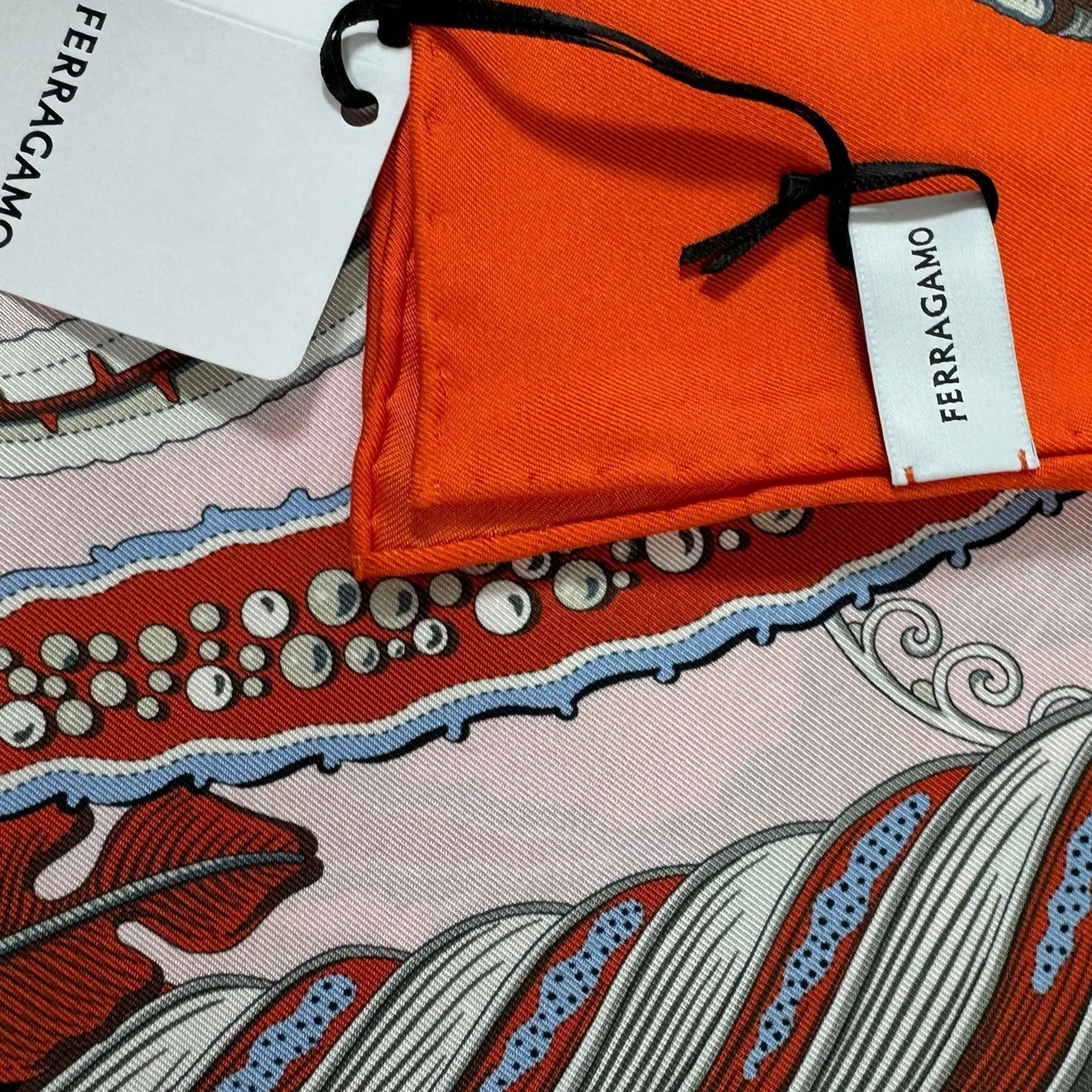 Ferragamo Scarf Orange Fish Design - Twill Silk Foulard - 2024 Collection SALE