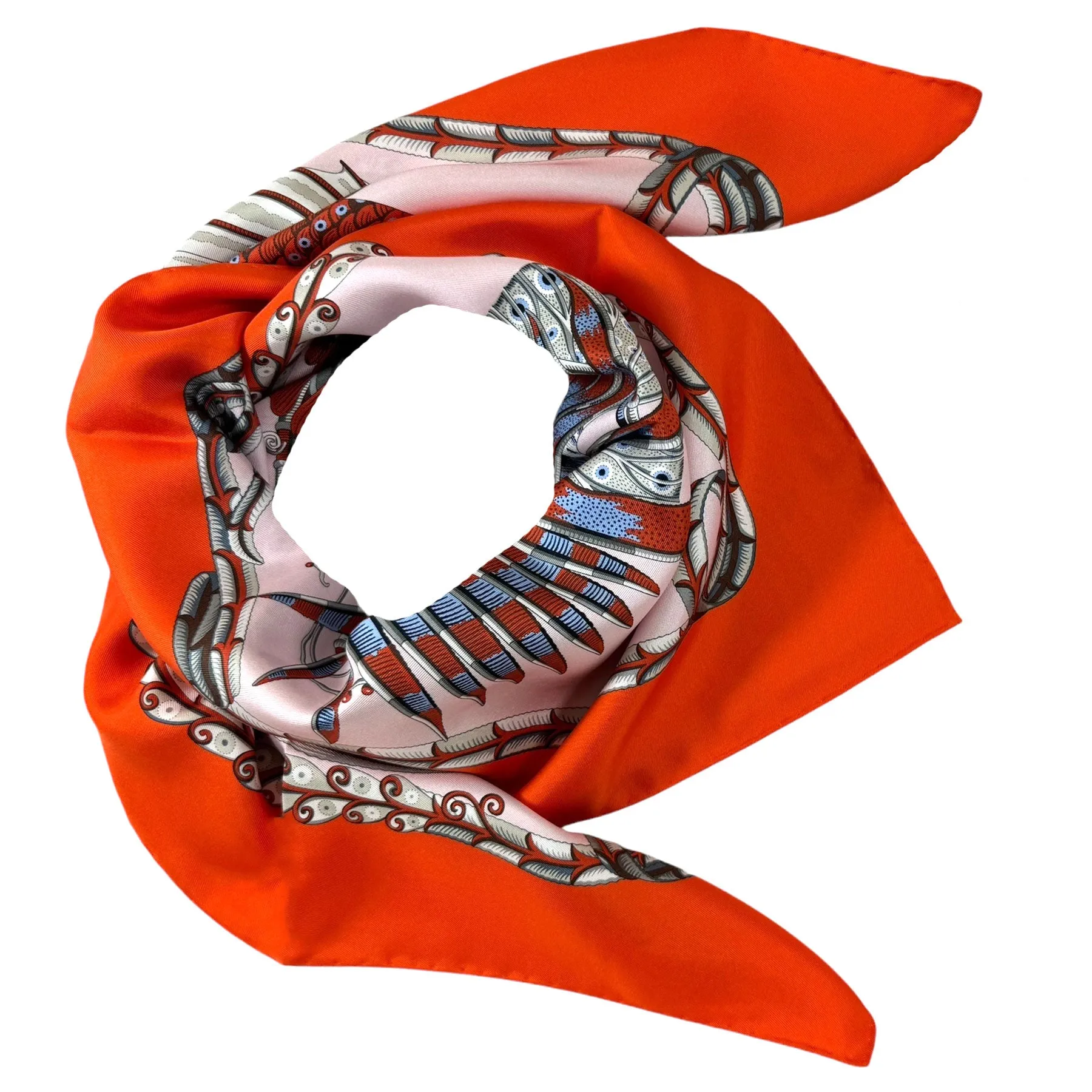 Ferragamo Scarf Orange Fish Design - Twill Silk Foulard - 2024 Collection SALE