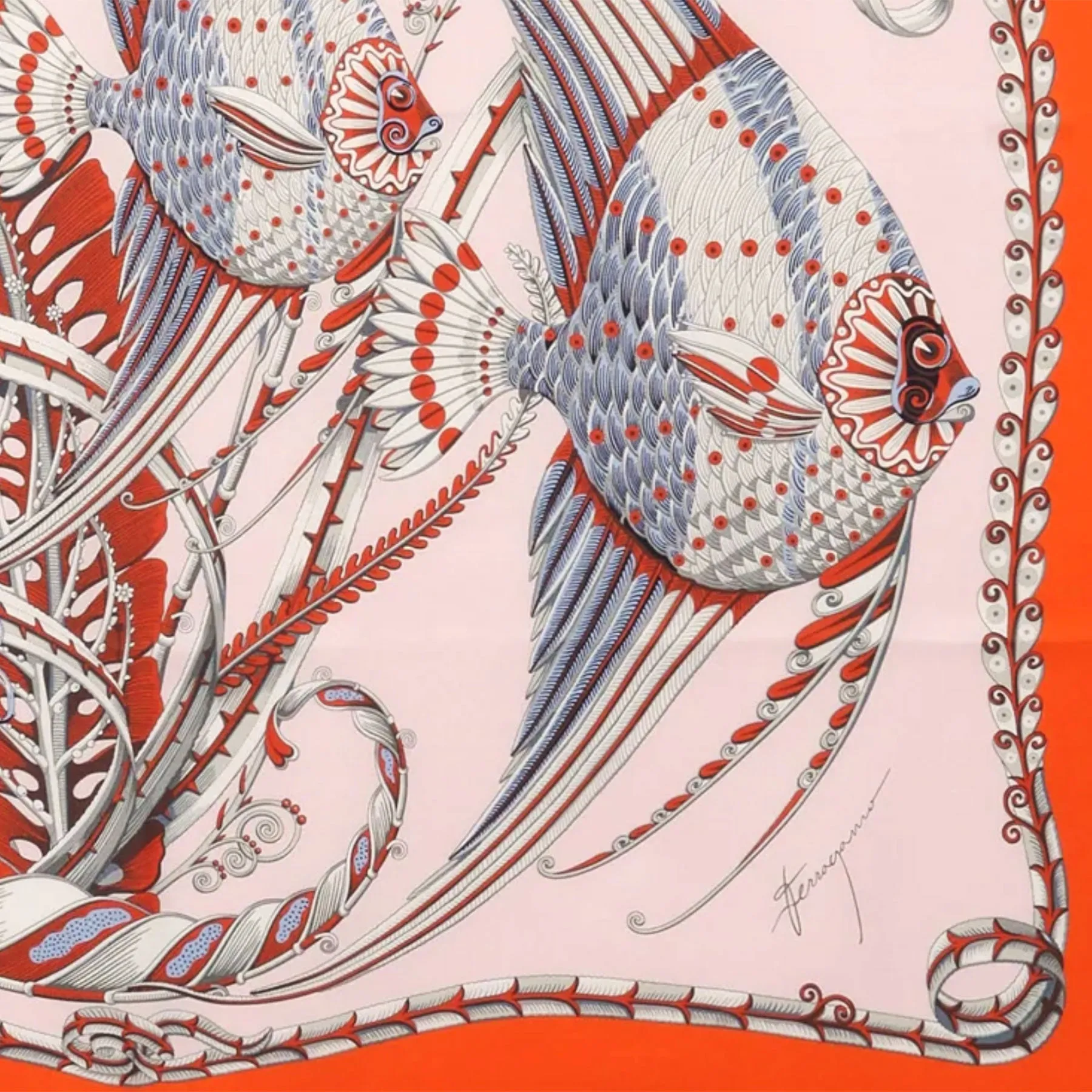 Ferragamo Scarf Orange Fish Design - Twill Silk Foulard - 2024 Collection SALE