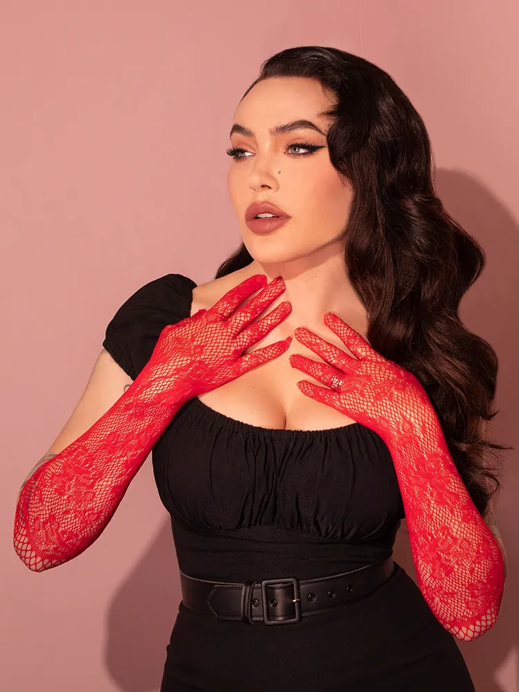 FINAL SALE - Mid-Length Gloves in Red Lace