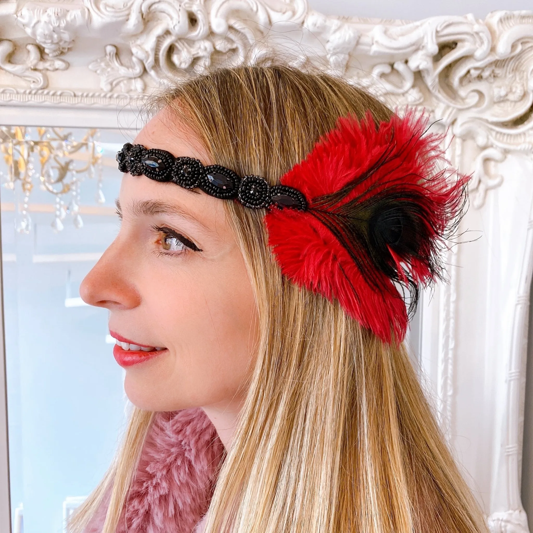 Gatsby Headband in Red and Black with Beading