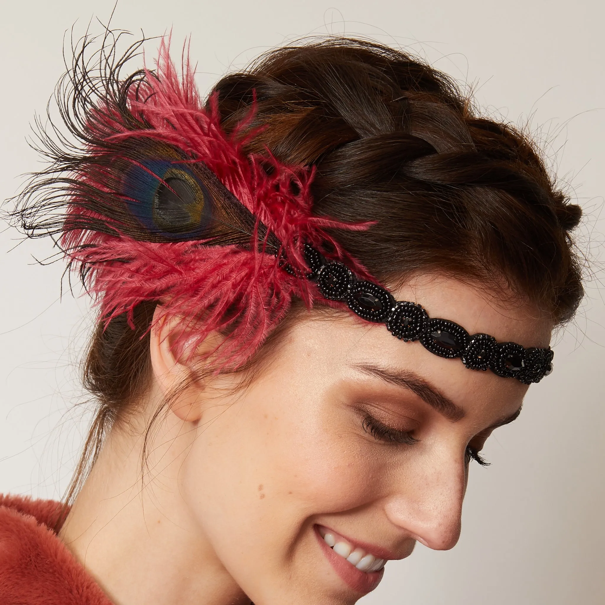 Gatsby Headband in Red and Black with Beading