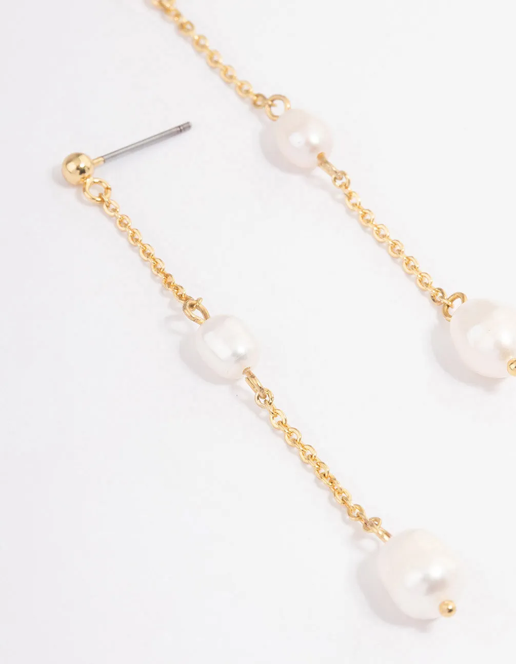 Gold Plated Long Chain Freshwater Pearl Stud Earrings