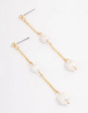 Gold Plated Long Chain Freshwater Pearl Stud Earrings