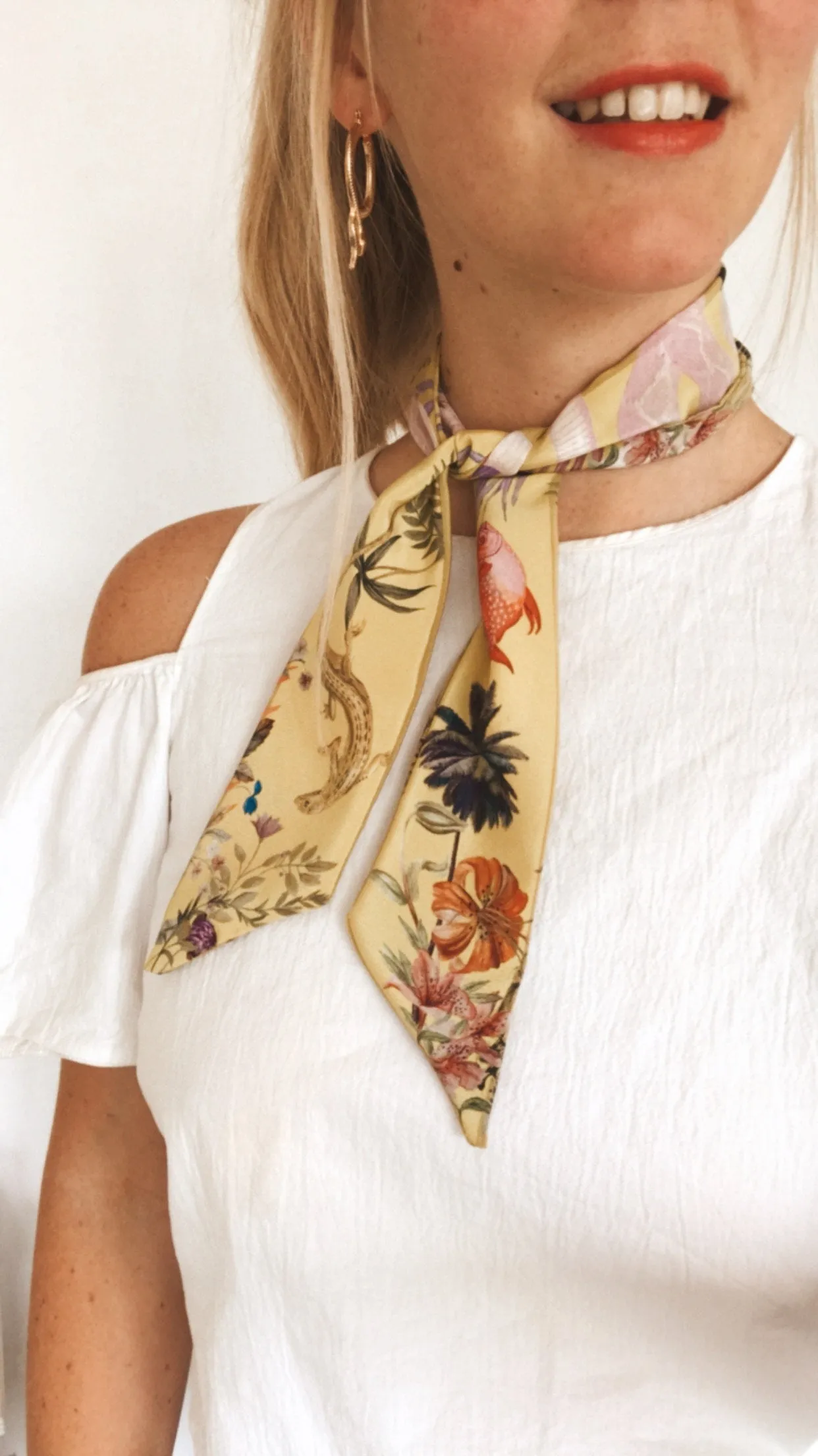 Golden Yellow 'Skinny' Silk scarf in the botanical  'Enticement' Print, delicate, lightweight scarf accessory