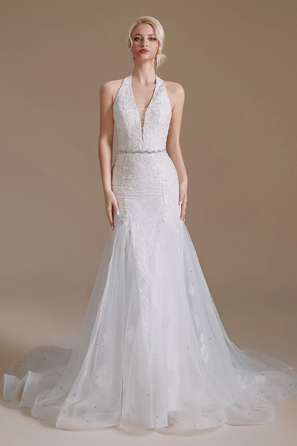 Gorgeous Long Mermaid Lace V-Neck Tulle Wedding Dress