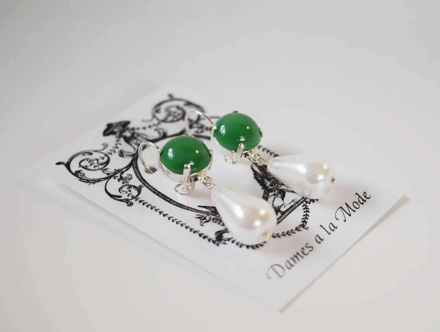 Green Glass Jade and Pearl Earrings