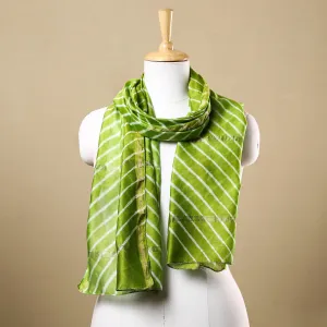 Green - Leheriya Tie-Dye Chanderi Silk Handloom Stole with Zari Border 09