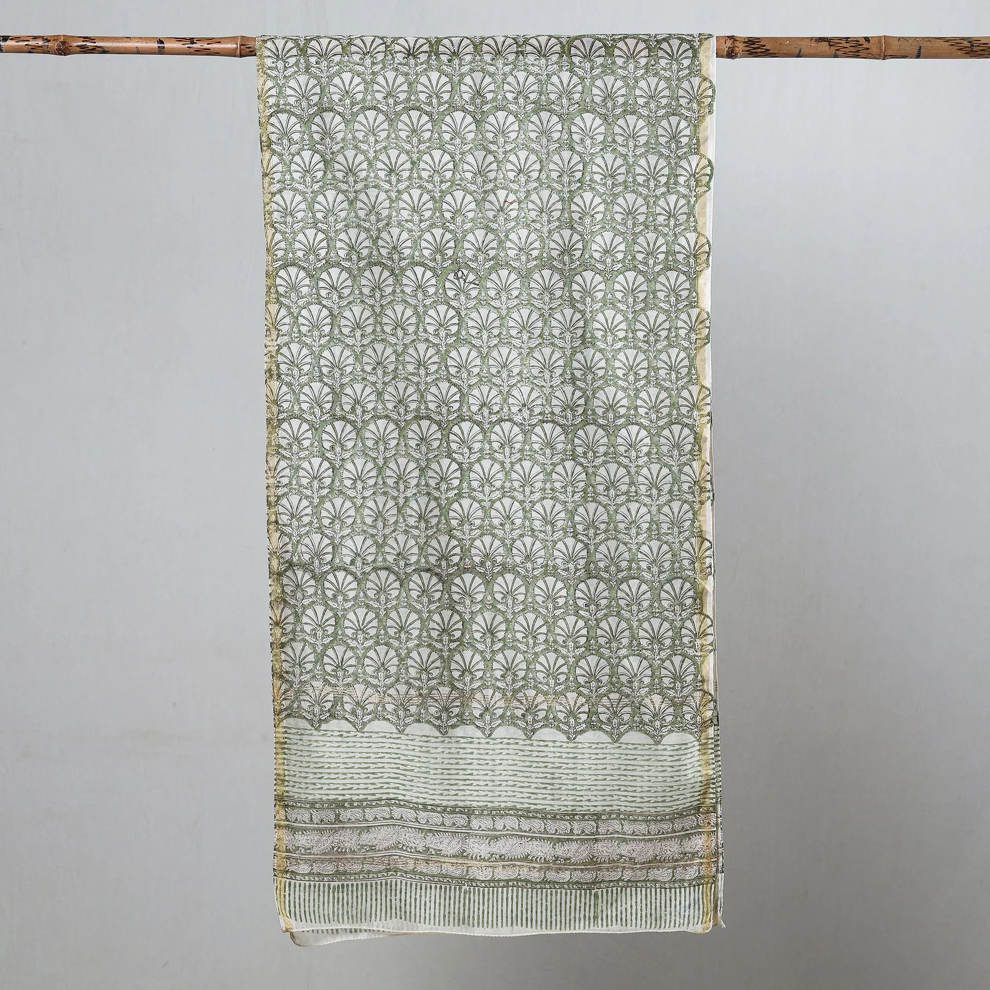 Green - Sanganeri Block Printed Chanderi Silk Handloom Stole