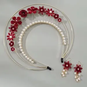 Halo Goddess Red Floral and Pearl Festival Headdress Headband and Earrings Set