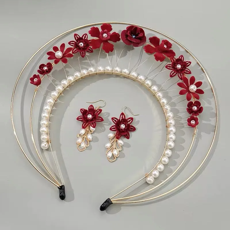 Halo Goddess Red Floral and Pearl Festival Headdress Headband and Earrings Set