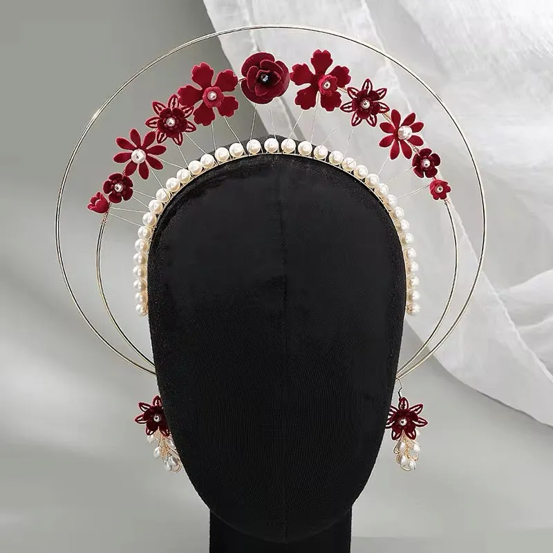 Halo Goddess Red Floral and Pearl Festival Headdress Headband and Earrings Set