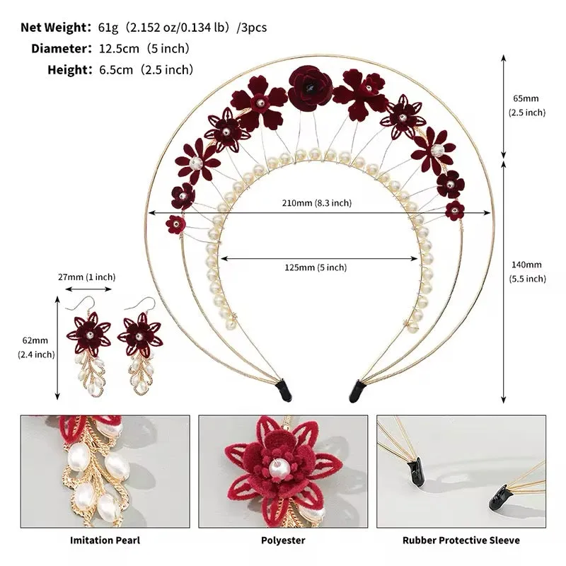 Halo Goddess Red Floral and Pearl Festival Headdress Headband and Earrings Set