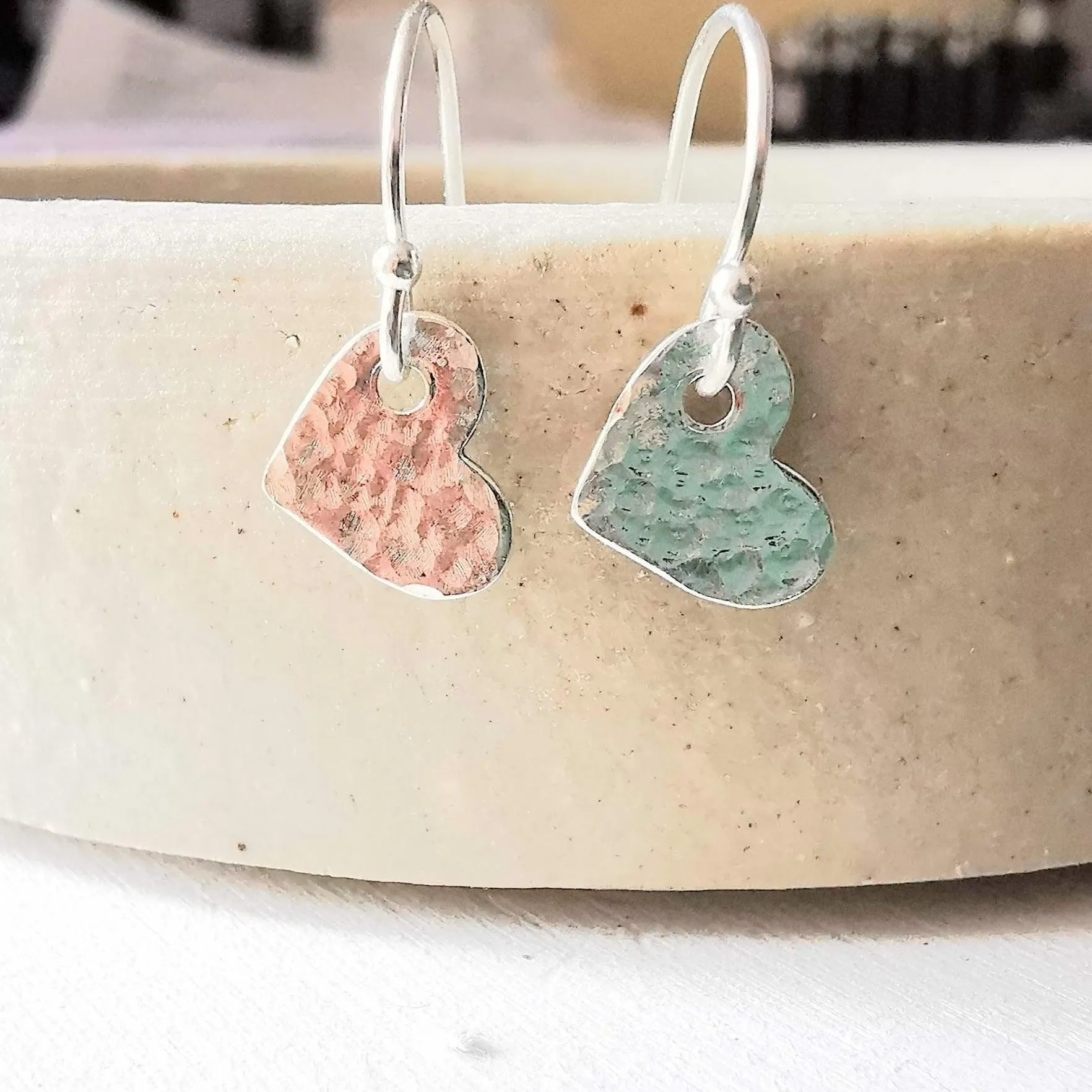 Hammered Sterling Silver Heart Drop Earrings