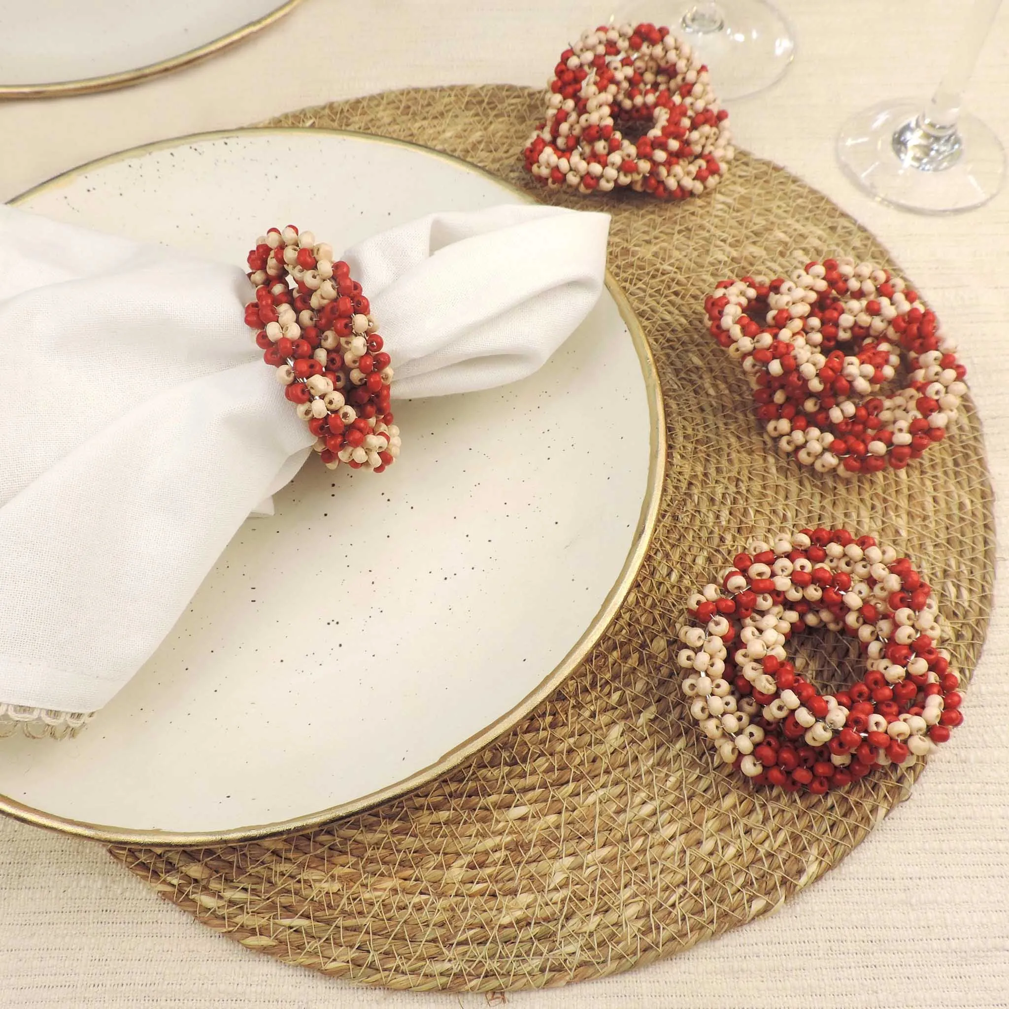 Hand Beaded Wooden Napkin Ring in Red & Cream, Set of 4