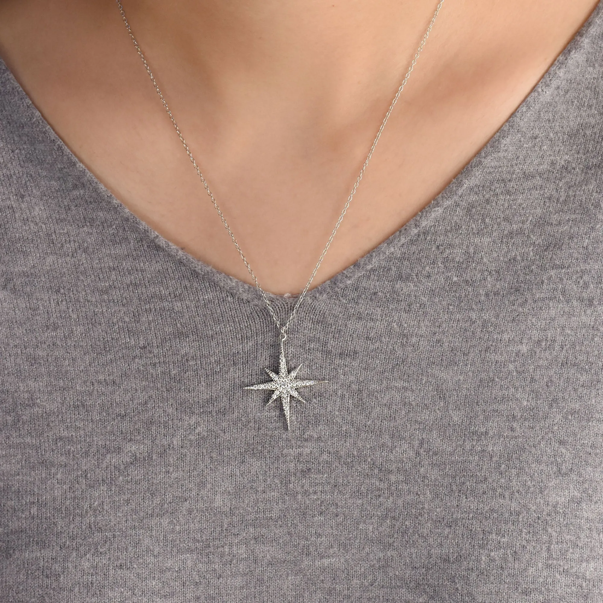 Heavenly North Star Burst Pendant Necklace - Celestial CZ Jewelry in Sterling Silver