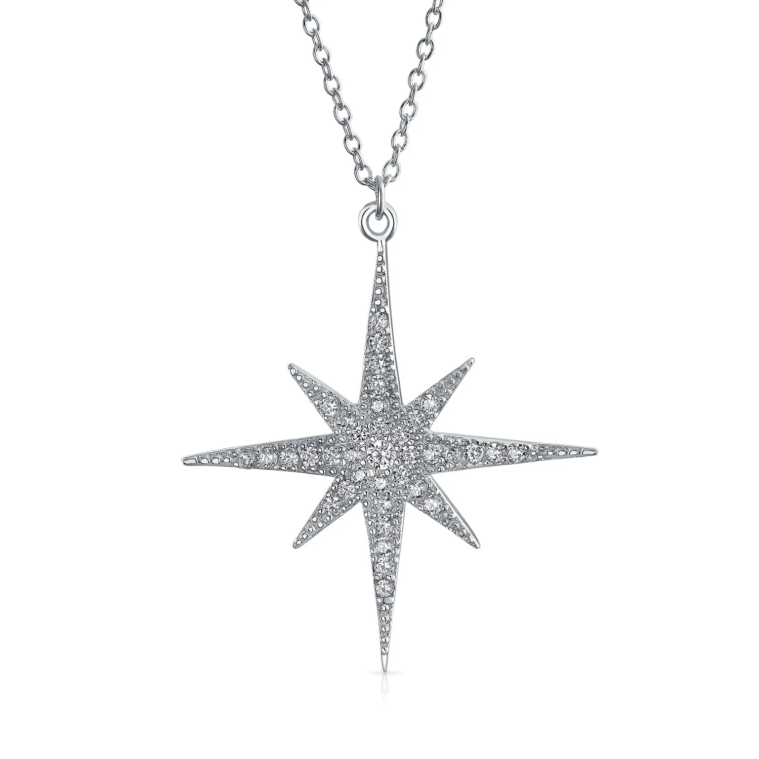 Heavenly North Star Burst Pendant Necklace - Celestial CZ Jewelry in Sterling Silver