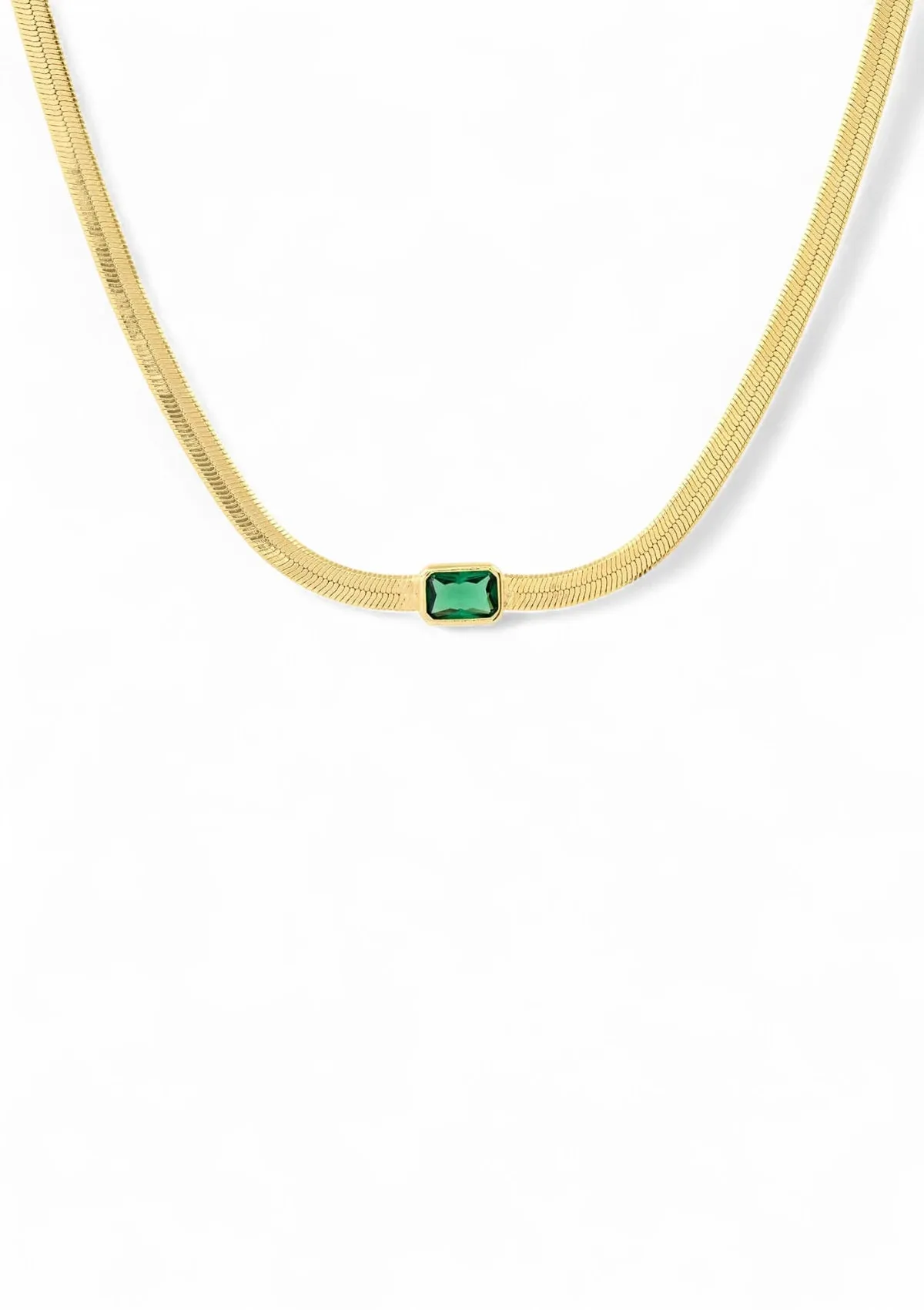 Herringbone Chain Necklace With Emerald Glass