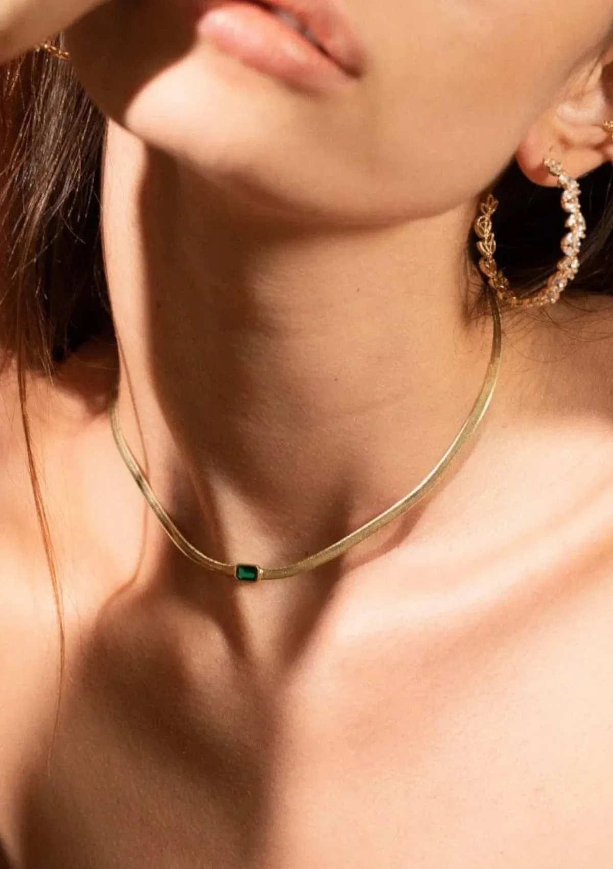 Herringbone Chain Necklace With Emerald Glass