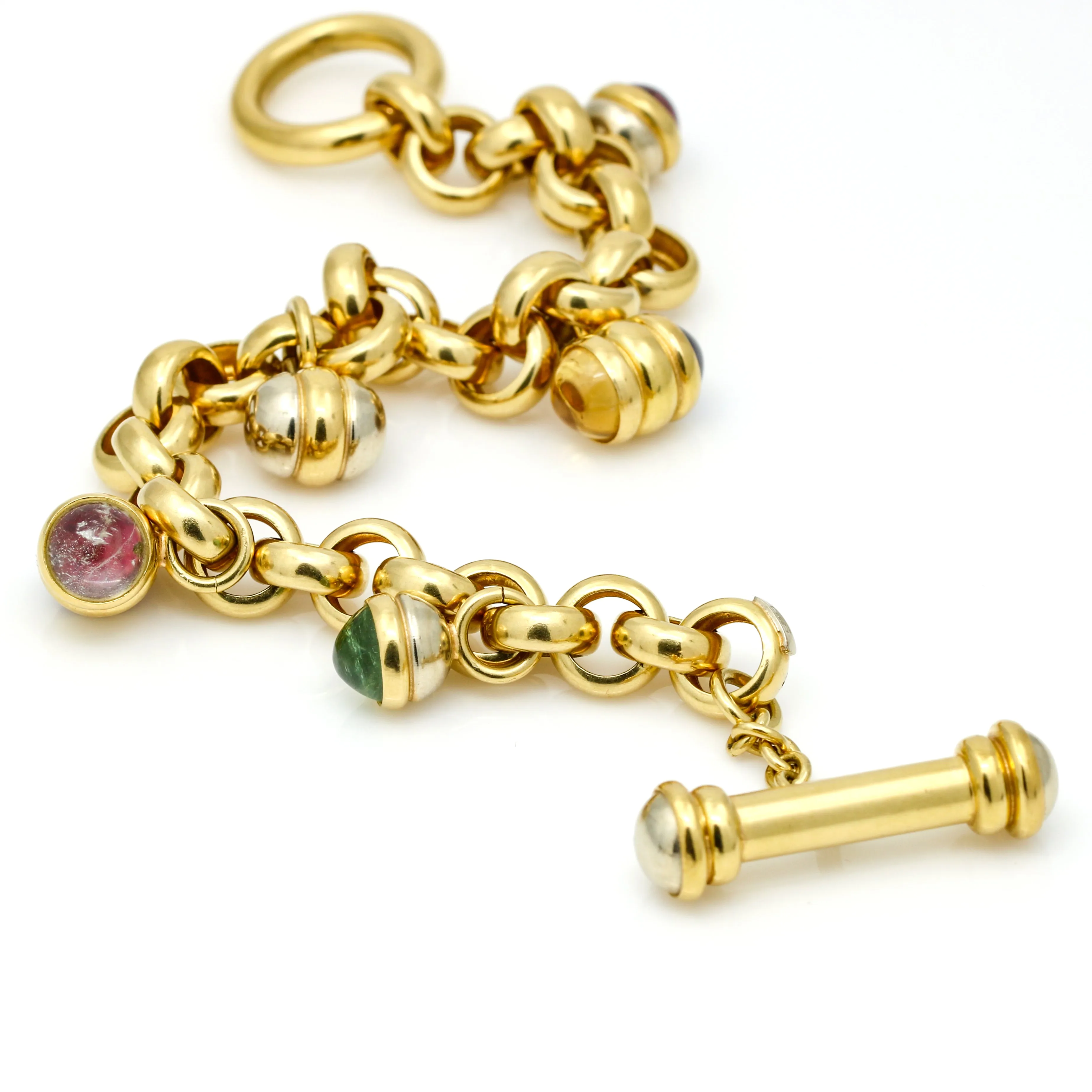 Italian 18k Yellow Gold Gemstone Charm Statement Toggle Bracelet