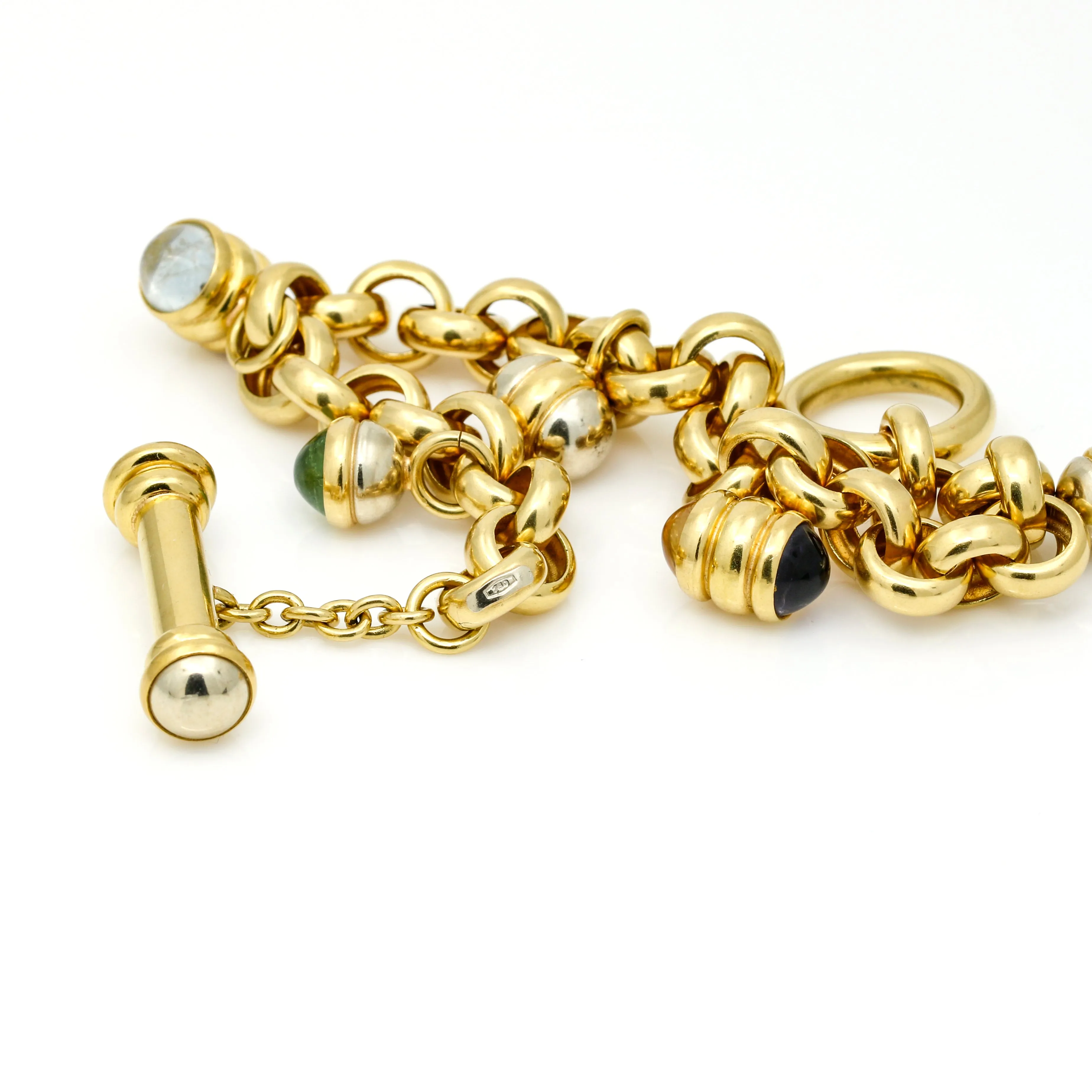 Italian 18k Yellow Gold Gemstone Charm Statement Toggle Bracelet