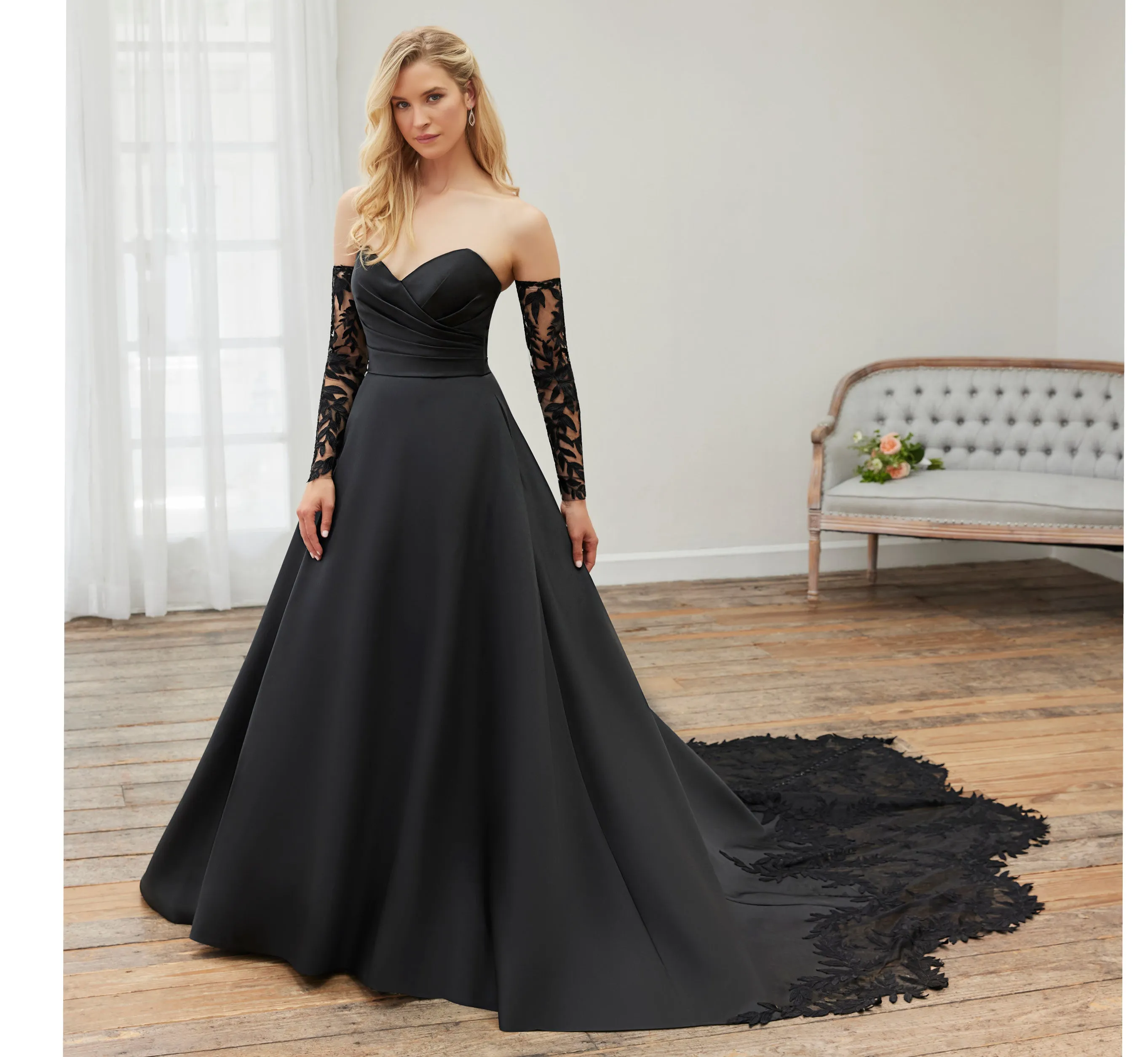 Lace And Mikado Strapless Gown With Cathedral Train And Detachable Gloves In Black