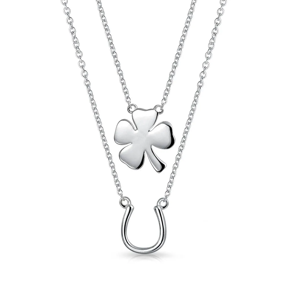 Layered Four Leaf Clover Shamrock Pendant Necklace Sterling Silver Western Jewelry