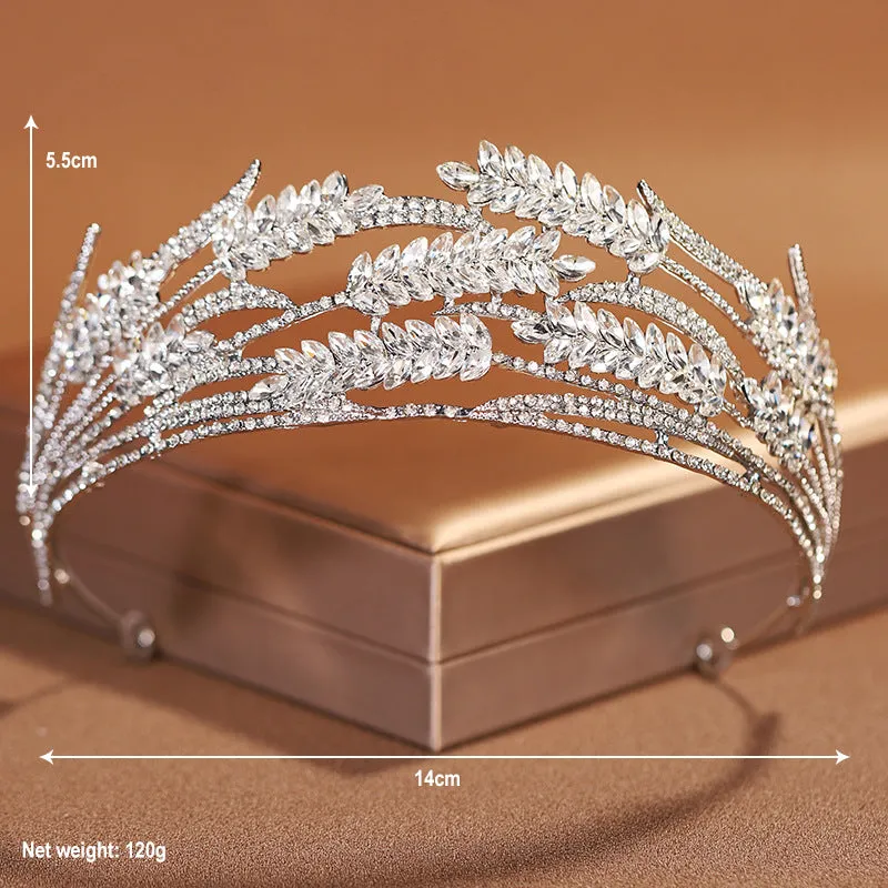 Luxury Leaf Crystal Bridal Jewelry Sets Rhinestone Flower Tiara Crown Necklace Earring Set For Women Bride Wedding Jewelry Set