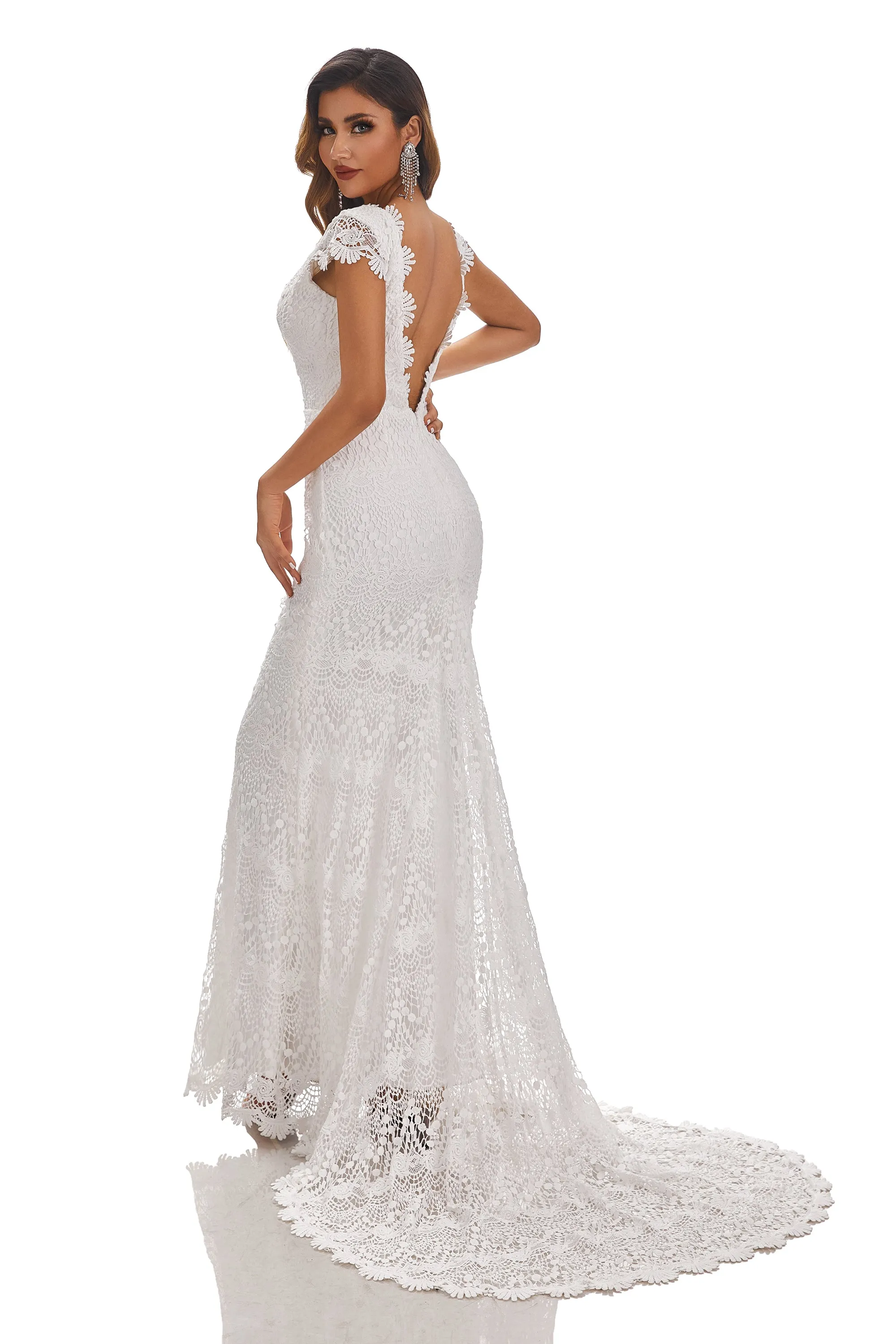 Mermaid Long V-Neck Cap Sleeves Wedding Dress With Lace Appliques