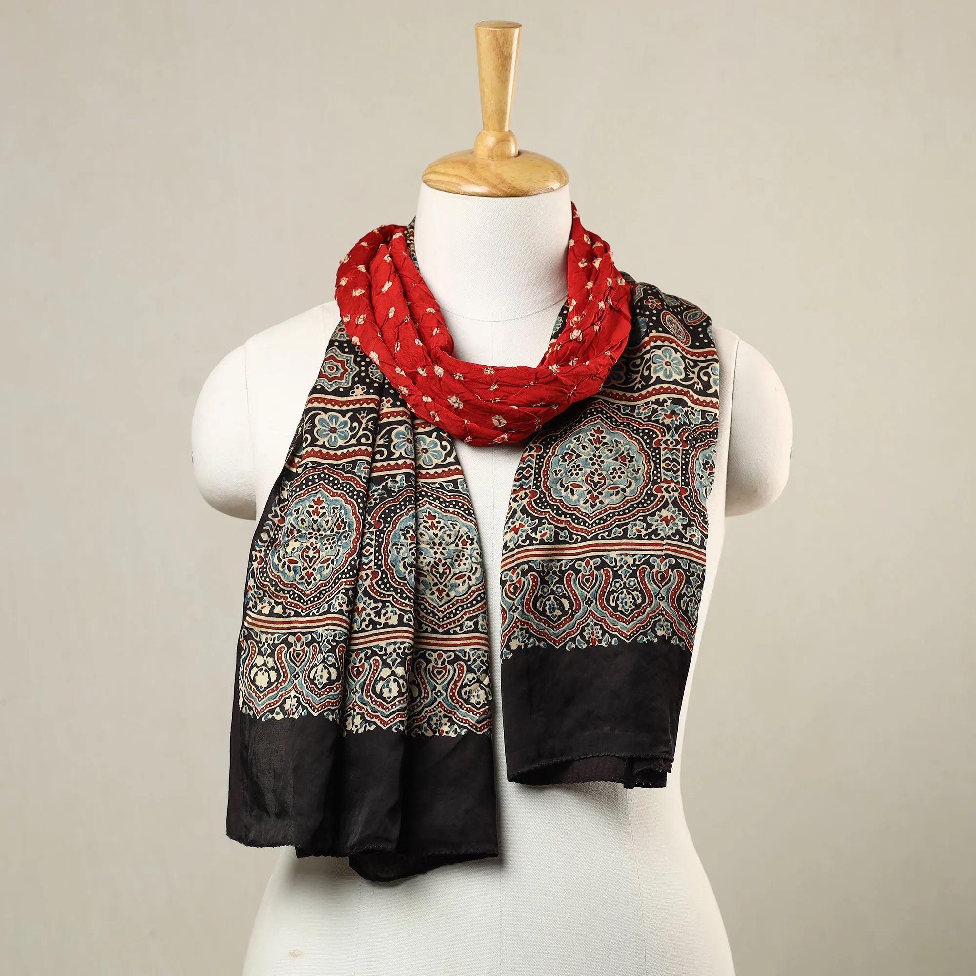 Multicolor - Kutch Bandhani Tie-Dye Ajrakh Block Printed Modal Silk Stole 09