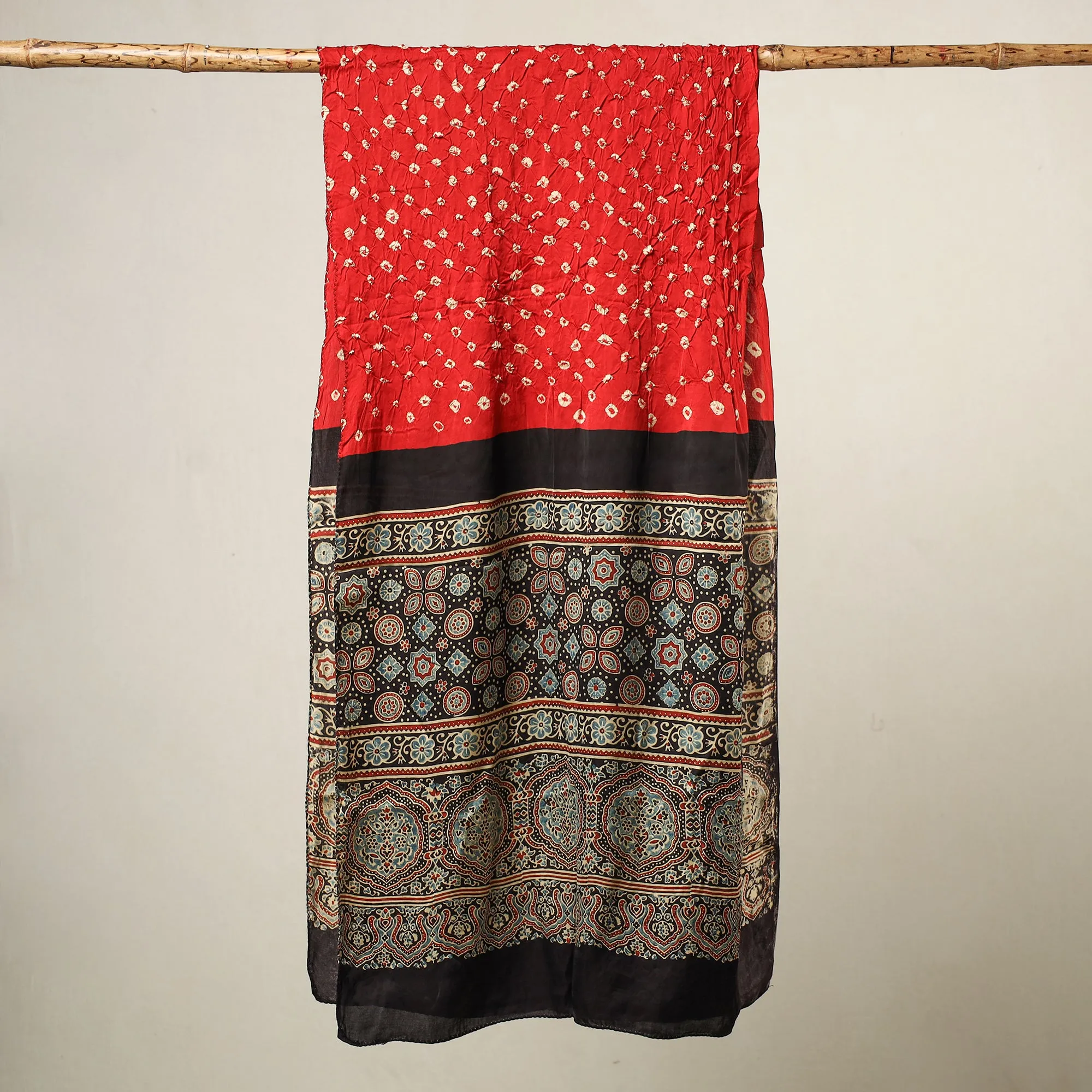 Multicolor - Kutch Bandhani Tie-Dye Ajrakh Block Printed Modal Silk Stole 09