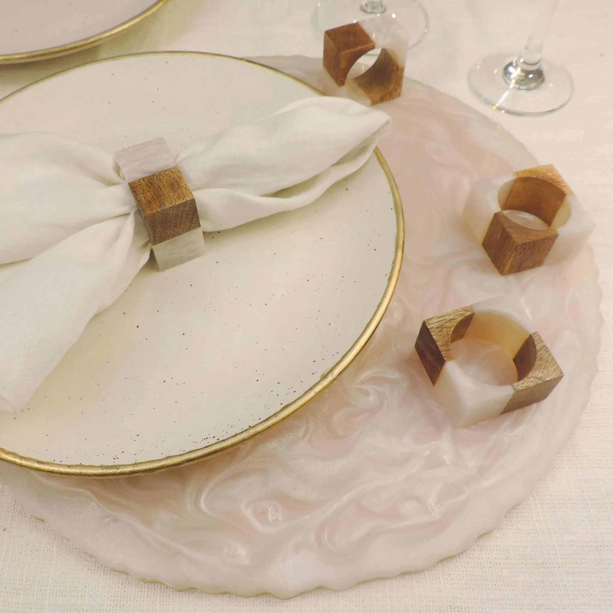 Natural Mango Wood Resin Napkin Ring in White, Set of 4