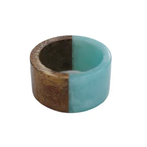 Natural Mango Wood Round Resin Napkin Ring in Aqua, Set of 4