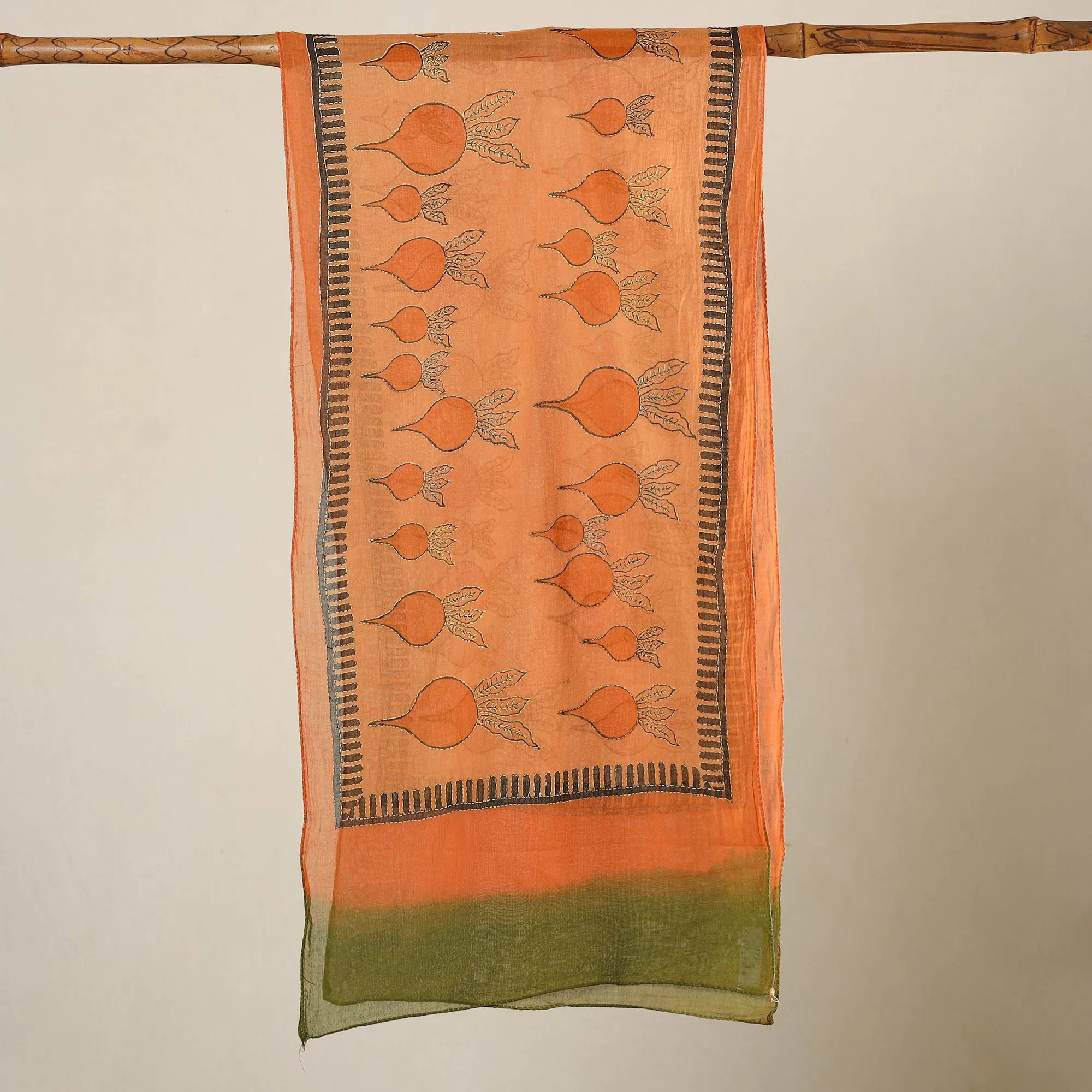 Orange - Bengal Kantha Hand Embroidery Silk Block Print Handloom Stole 17