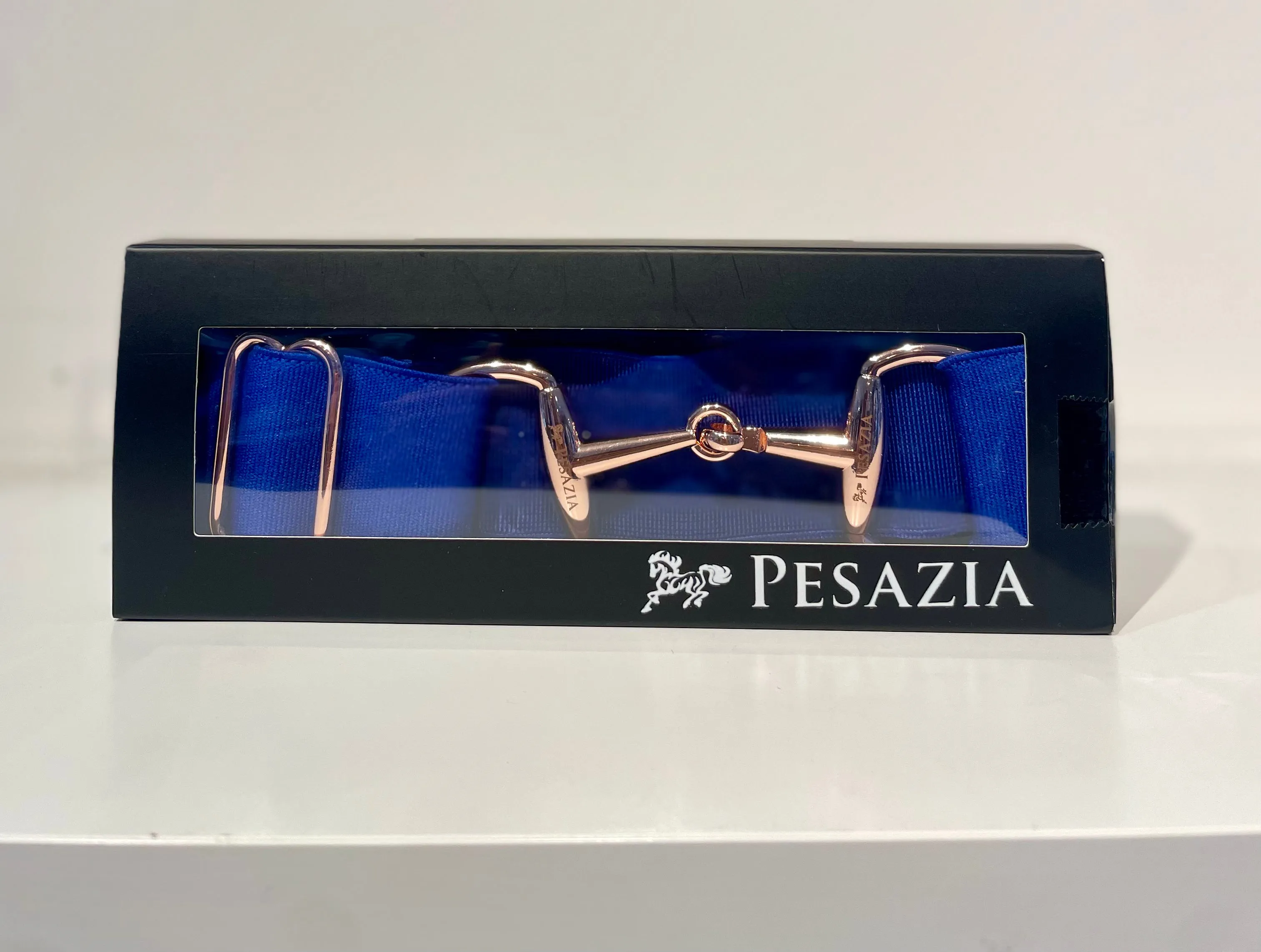 Pesazia - Logo Stretch Bit Belts - Navy w/ Rose Gold Snaffle Bit