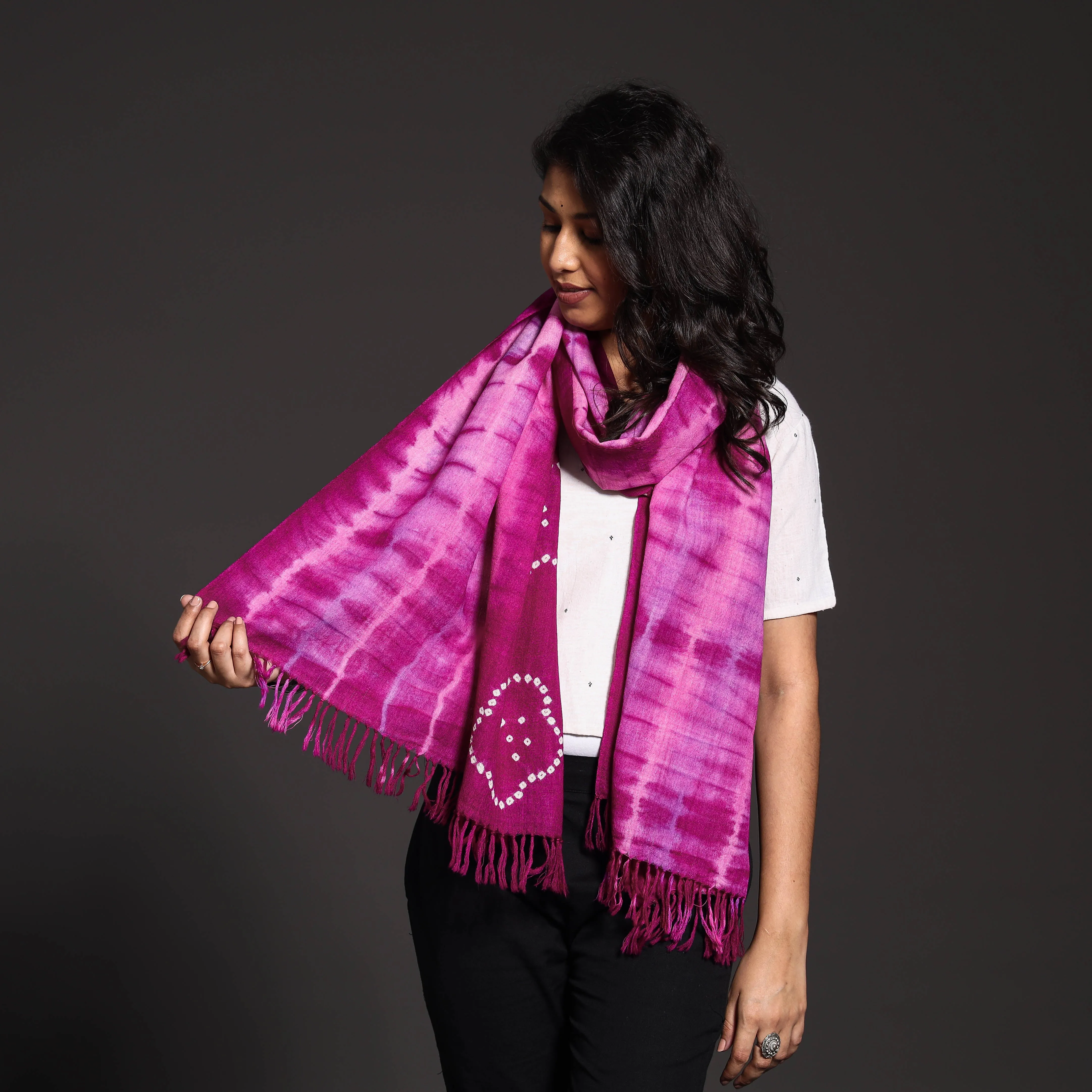 Pink - Kutch Handwoven Bandhani & Shibori Tie-dye Pure Merino Wool Stole