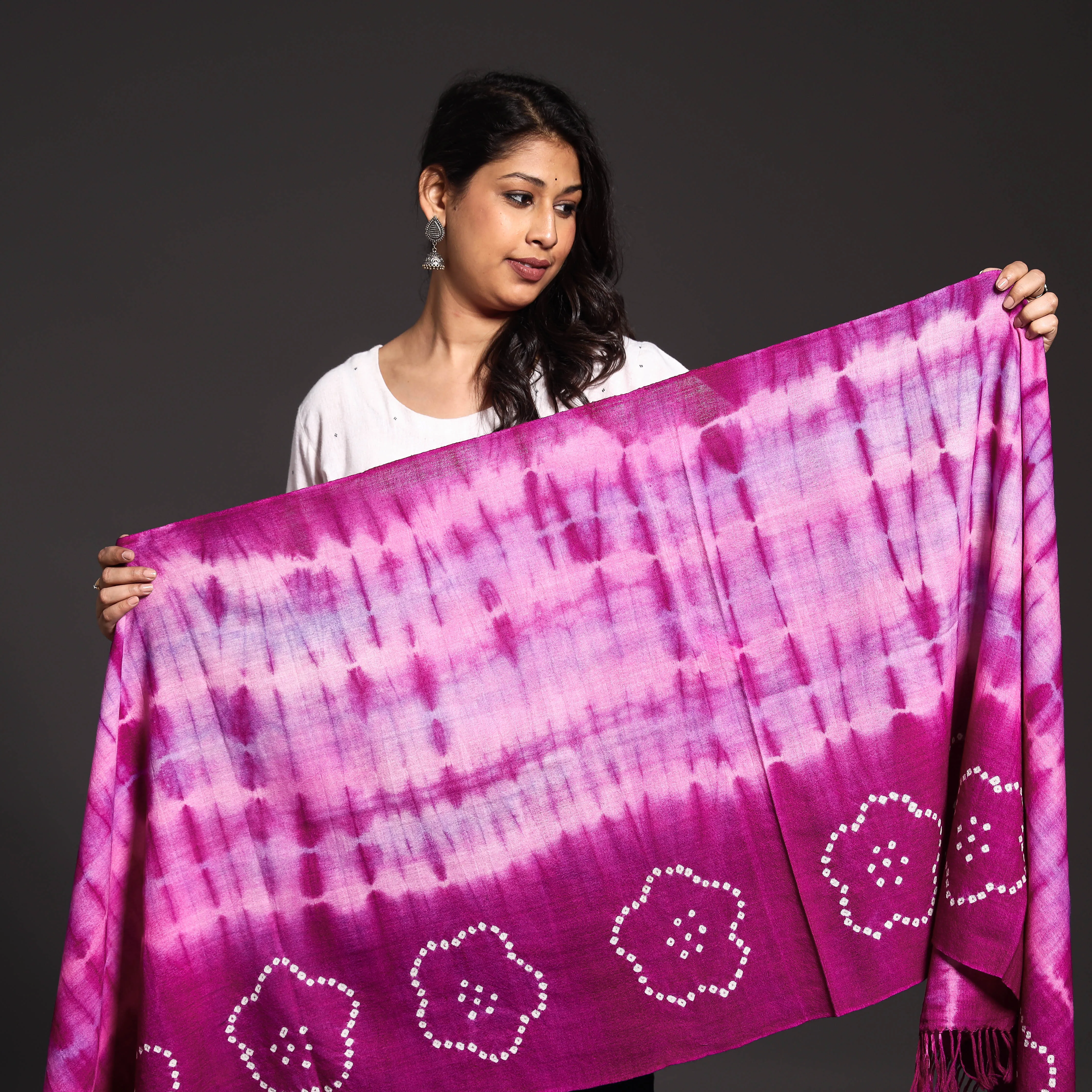 Pink - Kutch Handwoven Bandhani & Shibori Tie-dye Pure Merino Wool Stole