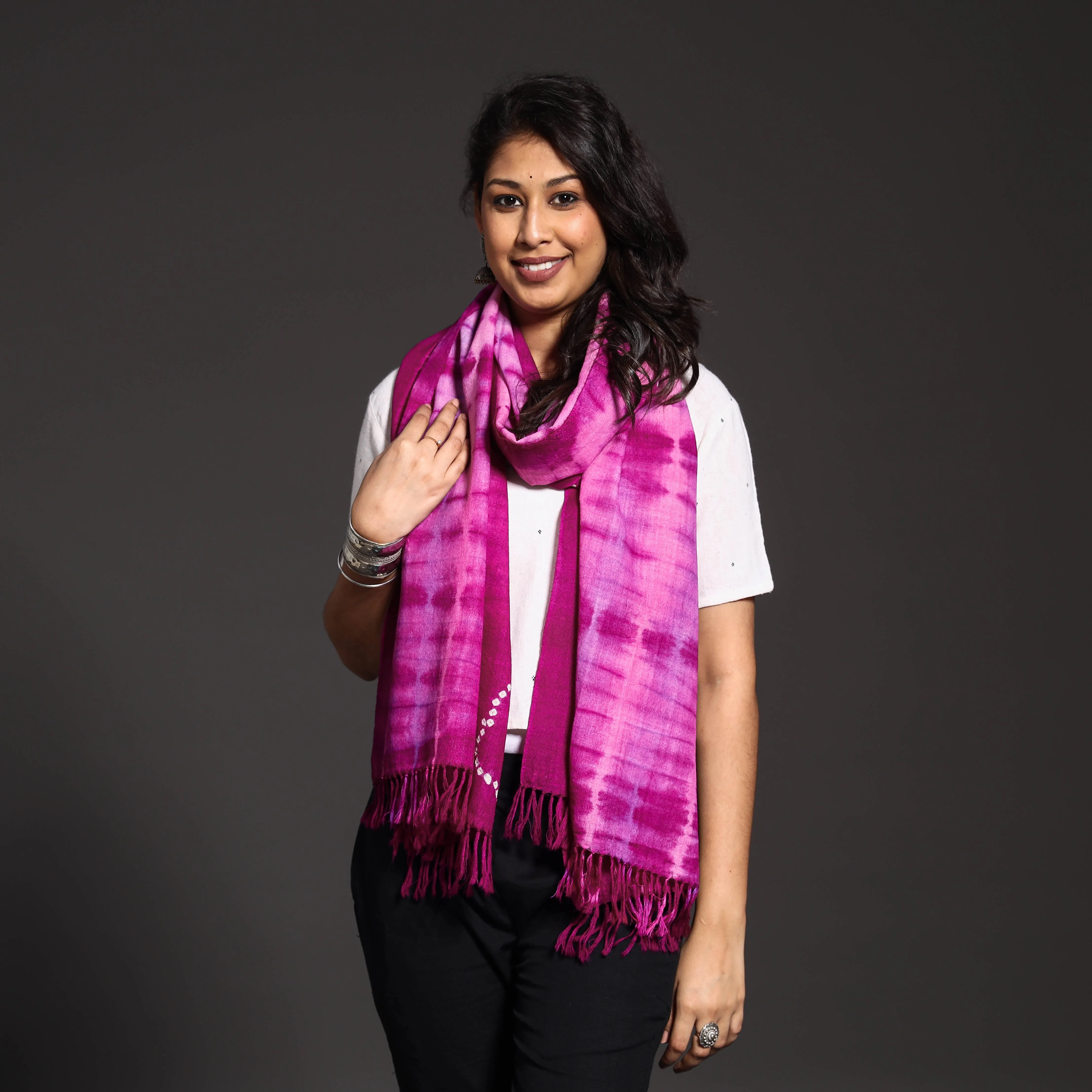 Pink - Kutch Handwoven Bandhani & Shibori Tie-dye Pure Merino Wool Stole