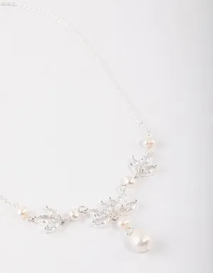 Silver Plated Cubic Zirconia Leaf Freshwater Pearl Y-Necklace