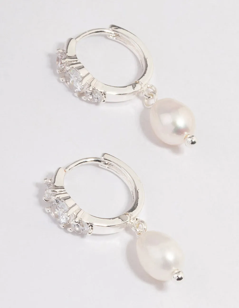 Silver Plated Freshwater Pearl Drop Cubic Zirconia Small Huggie Earrings