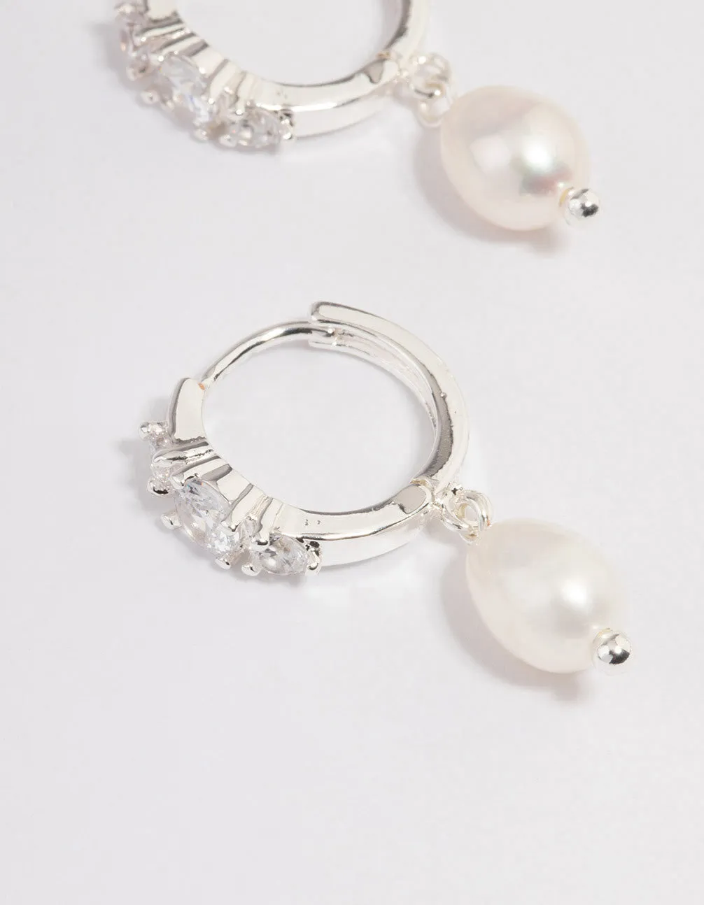 Silver Plated Freshwater Pearl Drop Cubic Zirconia Small Huggie Earrings