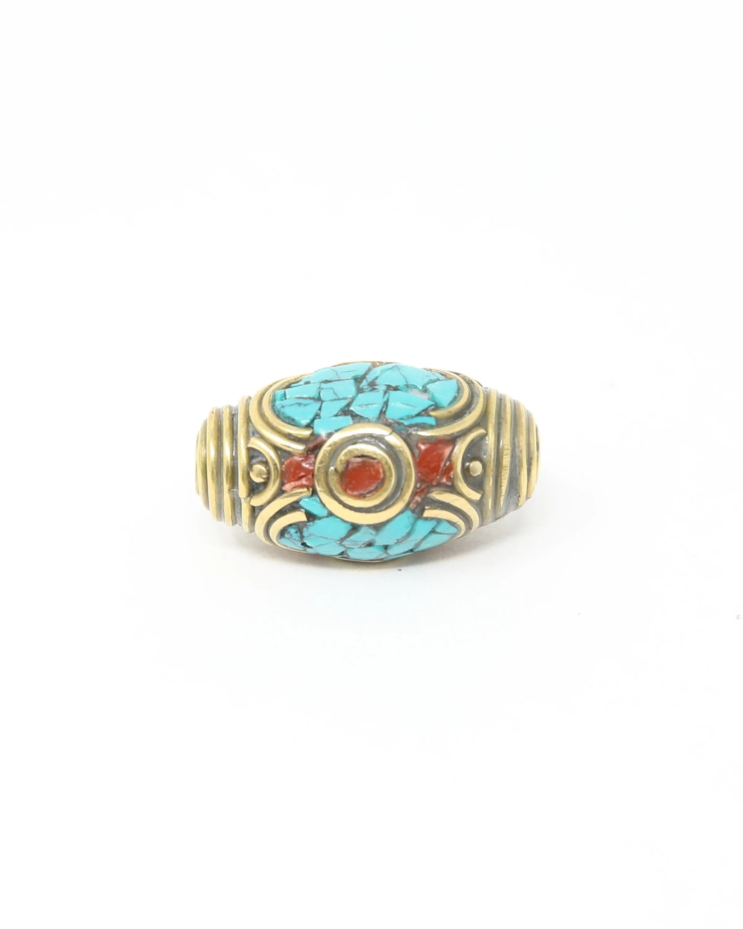 Tibetan Barrel Brass Coral Turquoise Inlaid Decorative Beads -  N102