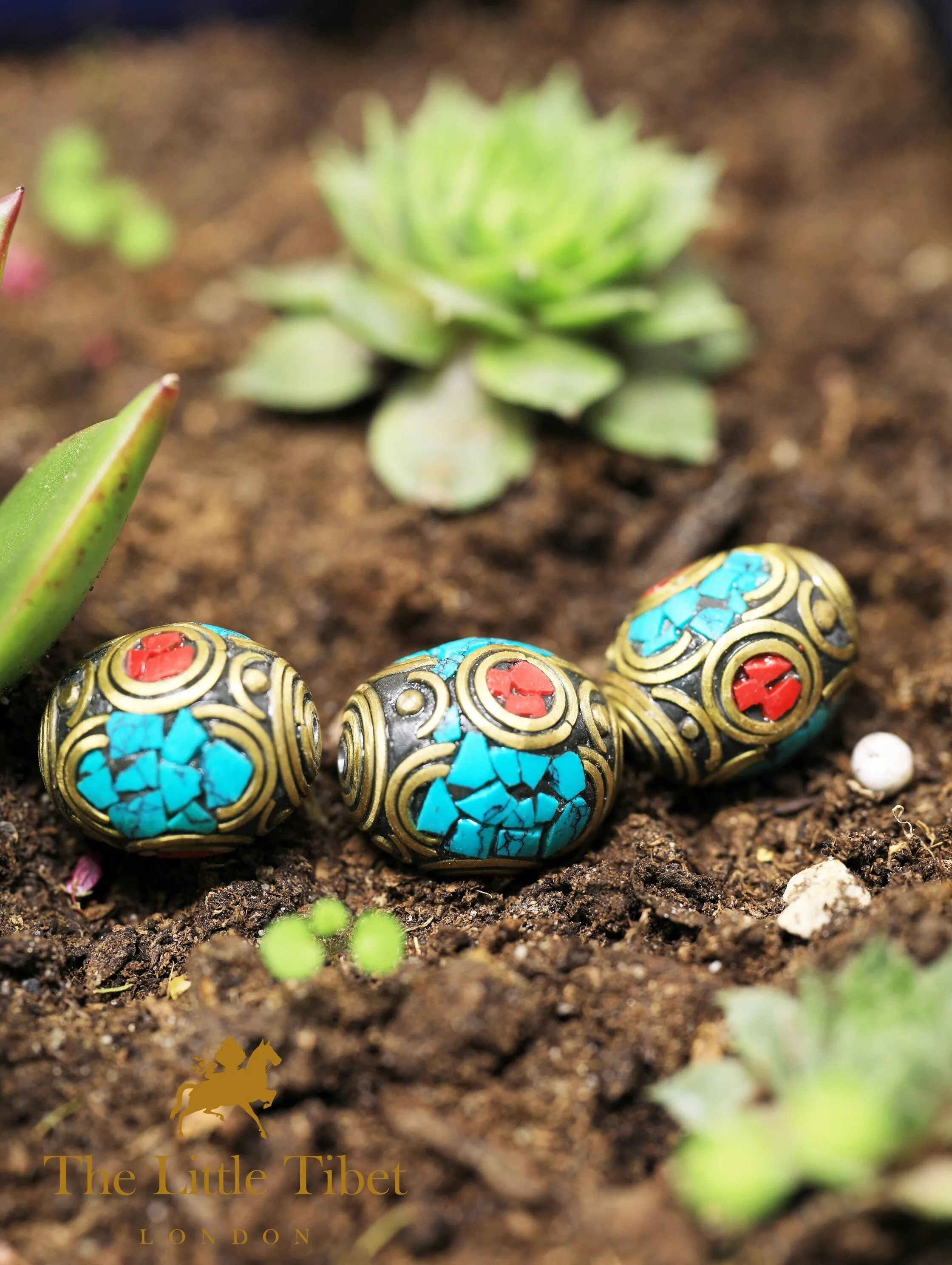 Tibetan Barrel Brass Coral Turquoise Inlaid Decorative Beads -  N102