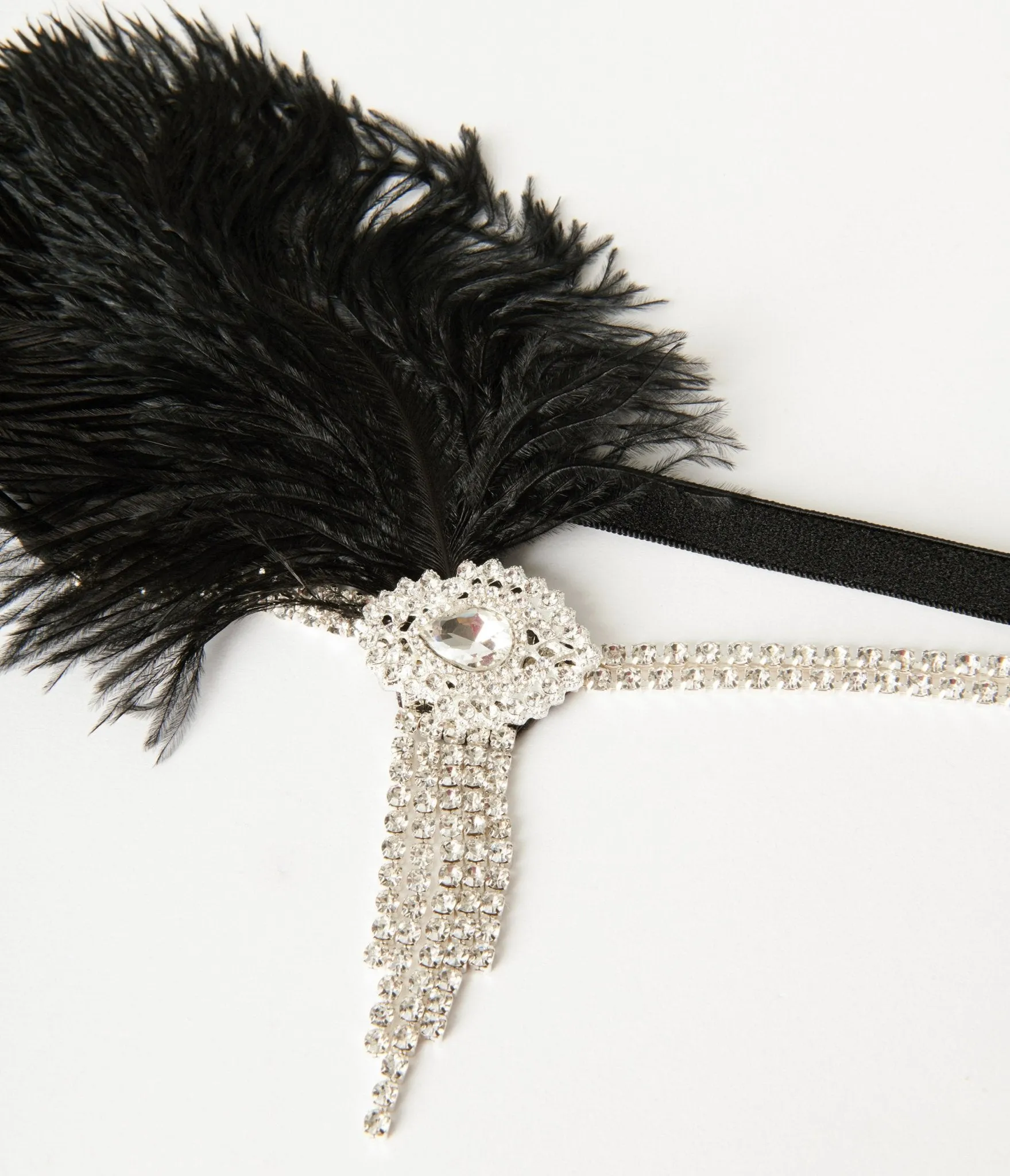 Unique Vintage 1920s Silver Rhinestone & Black Feather Headband