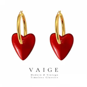 VAIGE Elegant Red Heart Charm Gold Hoop Earrings